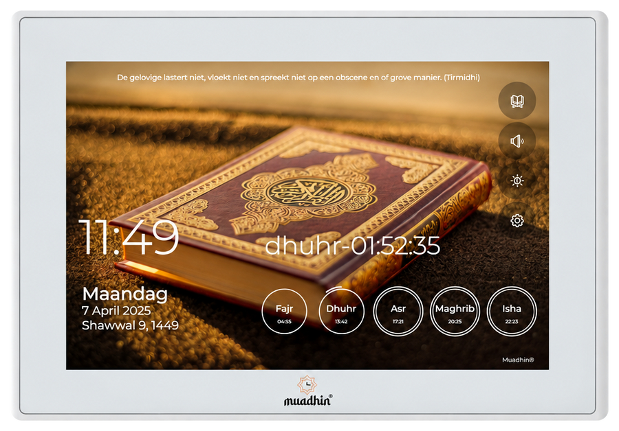 Witte Muadhin digitale adhan klok, vooraanzicht met de Koran en gebedstijden op het scherm