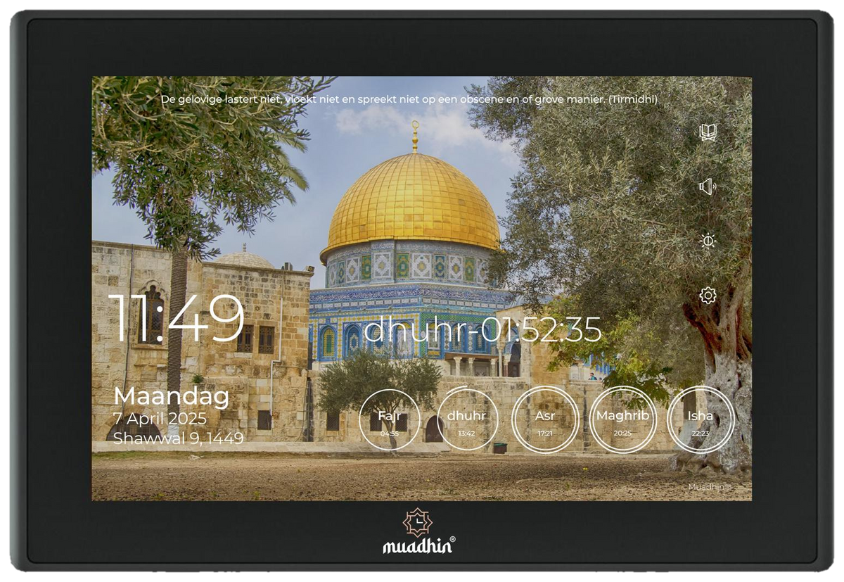 Zwarte Muadhin digitale adhan klok, vooraanzicht met gebedstijden en de Al-Aqsa moskee als achtergrond