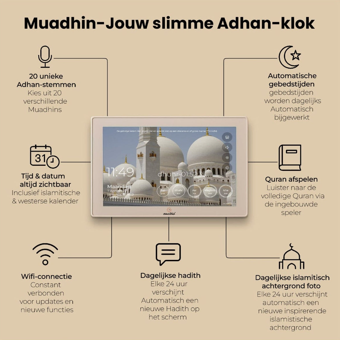 Smart Adhan clock with features listed on a beige background