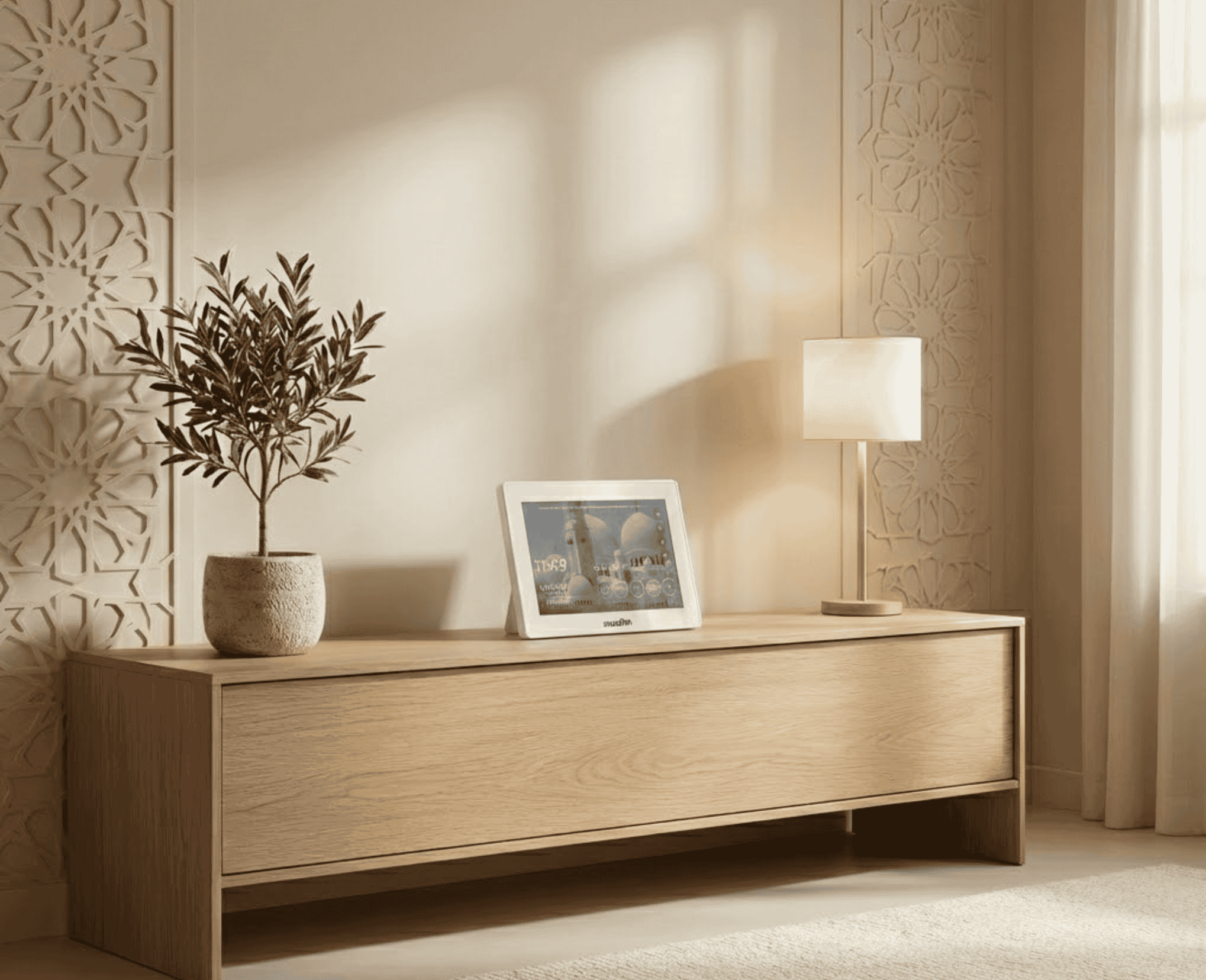 Woonkamer in neutrale tinten met een houten dressoir, een plant in een stenen pot, een tafellamp en een digitale Muadhin-klok, tegen een sierlijk geperforeerde wand.