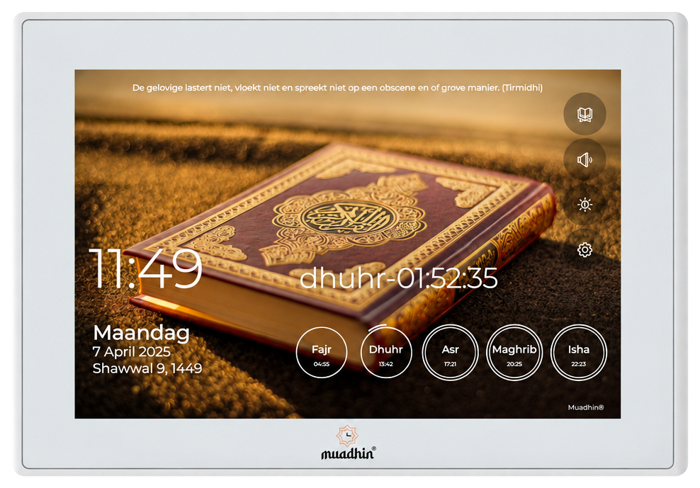 Witte Muadhin digitale adhan klok, vooraanzicht met de Koran en gebedstijden op het scherm