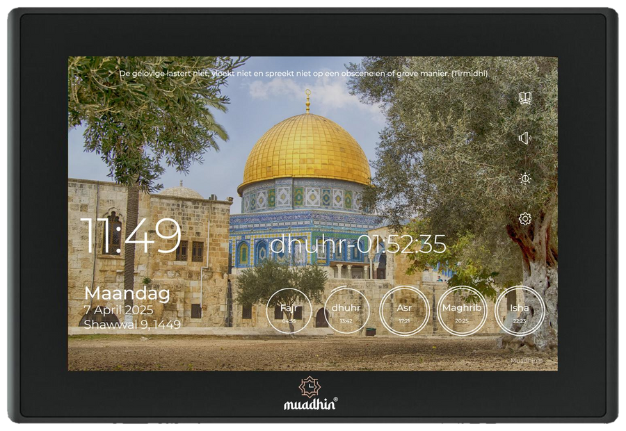 Zwarte Muadhin digitale adhan klok, vooraanzicht met gebedstijden en de Al-Aqsa moskee als achtergrond