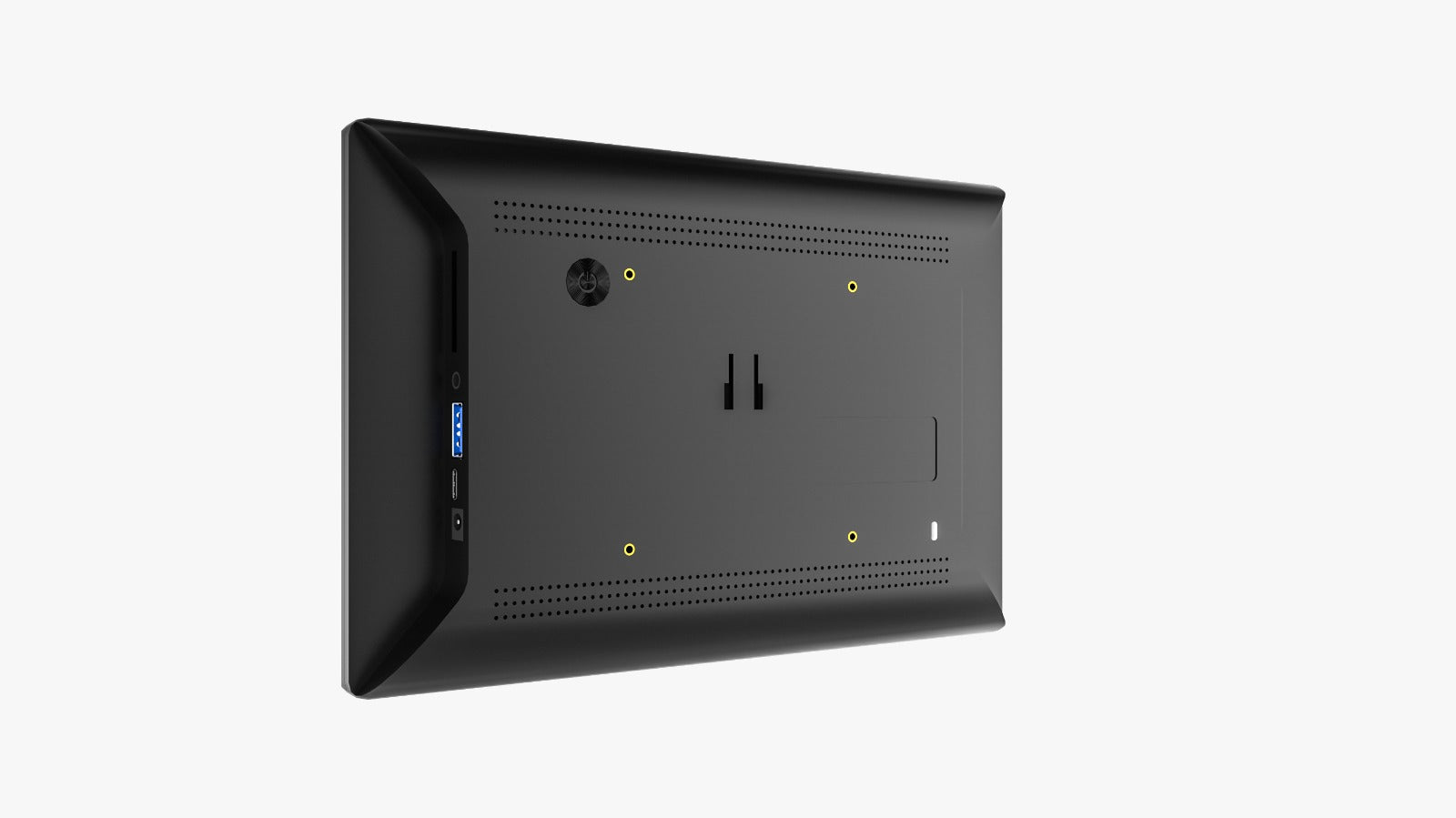 Achterzijde van een zwarte digitale adhan klok met aansluitpoorten, ventilatieopeningen en muurmontage-punten, op een witte achtergrond.