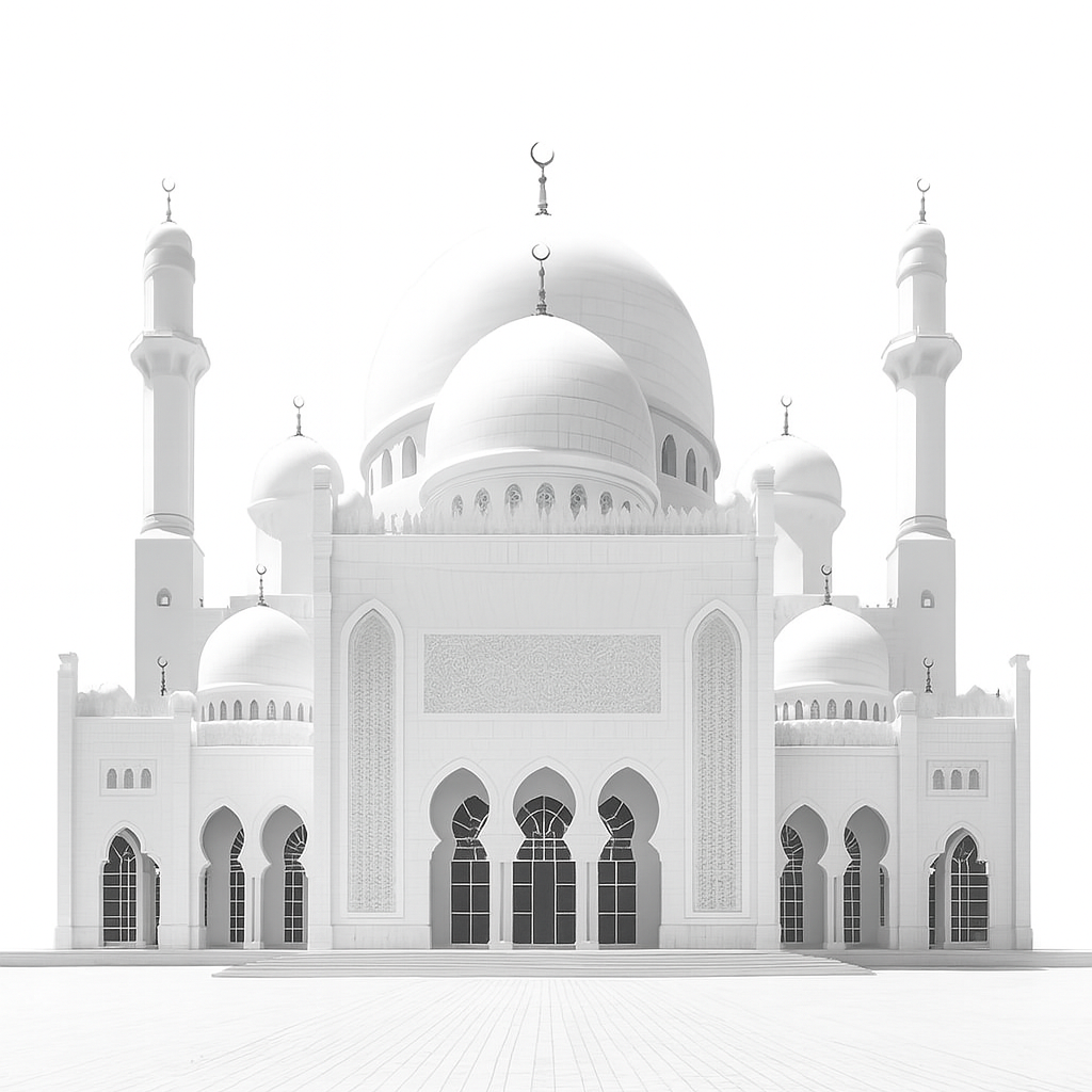 White mosque with multiple domes and minarets on a white background